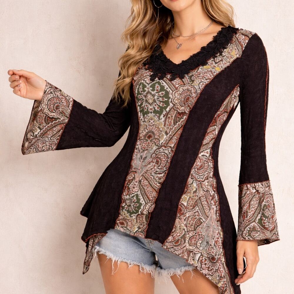 Y2K Sweet Angel Boho Paisley Patchwork Tunic Top Lace Asymmetrical S Bell Sleeve